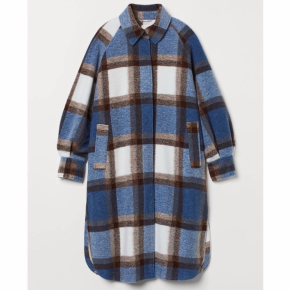 H&M blue plaid Oversized Coat - Picture 3 of 5
